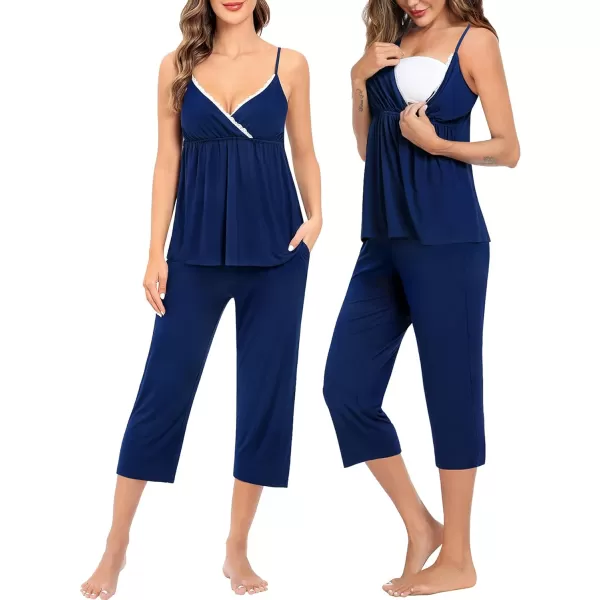 SWOMOG Maternity Nursing Robe Set 3 PCS Breastfeeding Capri Pajamas Set 3 in 1 Labor Delivery Sleepwear Pregnancy PjsNavy Blue