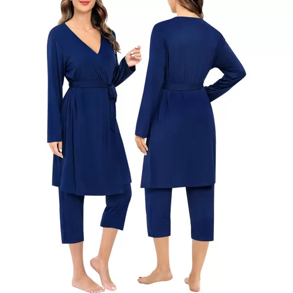 SWOMOG Maternity Nursing Robe Set 3 PCS Breastfeeding Capri Pajamas Set 3 in 1 Labor Delivery Sleepwear Pregnancy PjsNavy Blue