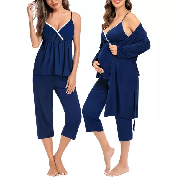 SWOMOG Maternity Nursing Robe Set 3 PCS Breastfeeding Capri Pajamas Set 3 in 1 Labor Delivery Sleepwear Pregnancy PjsNavy Blue