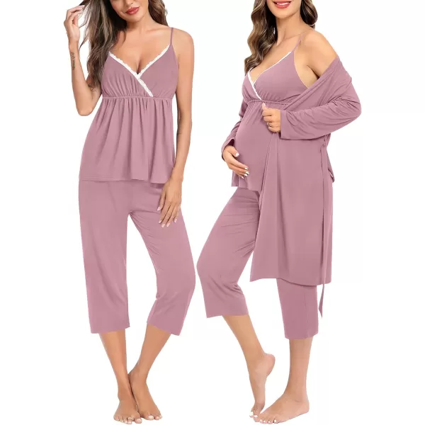 SWOMOG Maternity Nursing Robe Set 3 PCS Breastfeeding Capri Pajamas Set 3 in 1 Labor Delivery Sleepwear Pregnancy PjsTaro