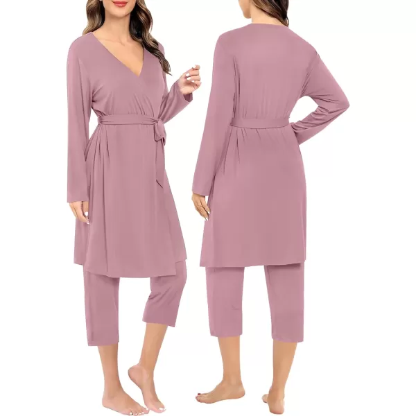 SWOMOG Maternity Nursing Robe Set 3 PCS Breastfeeding Capri Pajamas Set 3 in 1 Labor Delivery Sleepwear Pregnancy PjsTaro