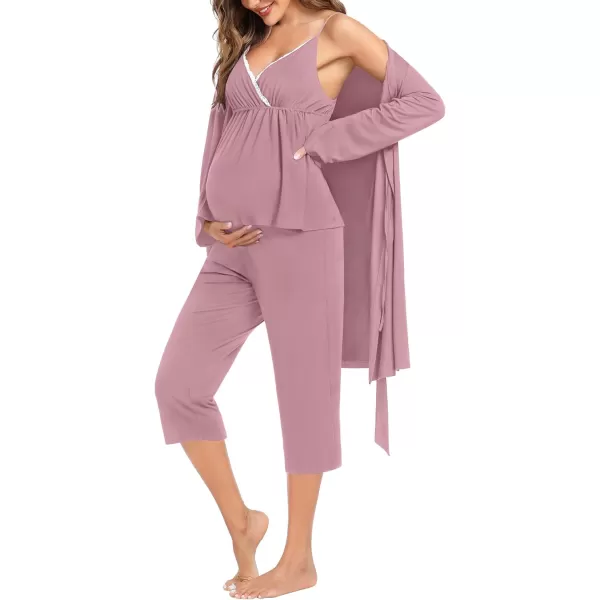 SWOMOG Maternity Nursing Robe Set 3 PCS Breastfeeding Capri Pajamas Set 3 in 1 Labor Delivery Sleepwear Pregnancy PjsTaro