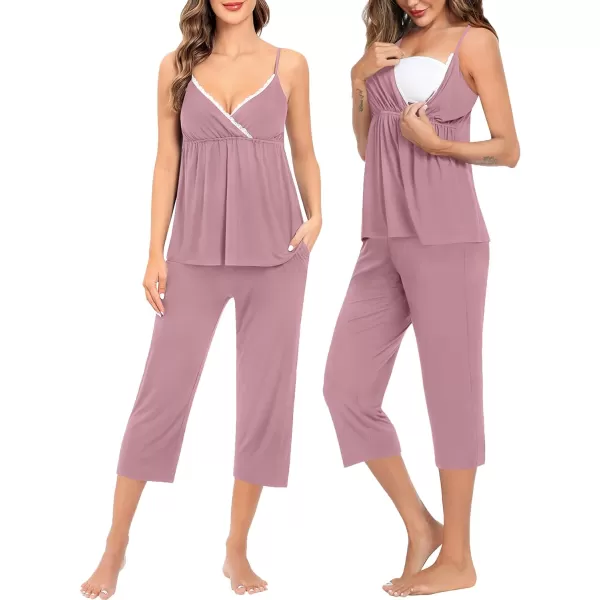 SWOMOG Maternity Nursing Robe Set 3 PCS Breastfeeding Capri Pajamas Set 3 in 1 Labor Delivery Sleepwear Pregnancy PjsTaro