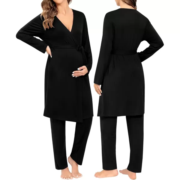 SWOMOG Maternity Nursing Robe Set 3 Piece Breastfeeding Pajamas 3 in 1 Labor Delivery Sleevless TopsLong Pants Pregnancy PjsBlack