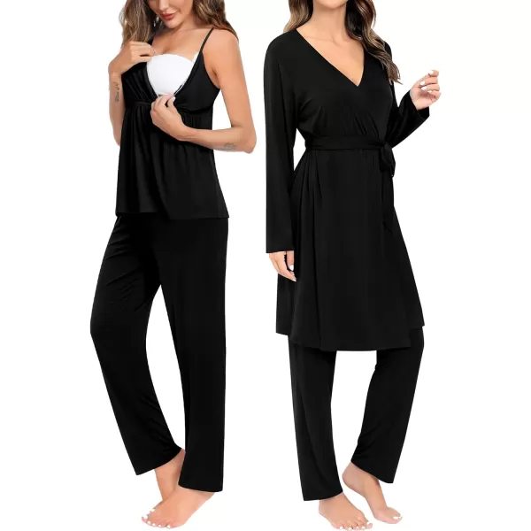 SWOMOG Maternity Nursing Robe Set 3 Piece Breastfeeding Pajamas 3 in 1 Labor Delivery Sleevless TopsLong Pants Pregnancy PjsBlack