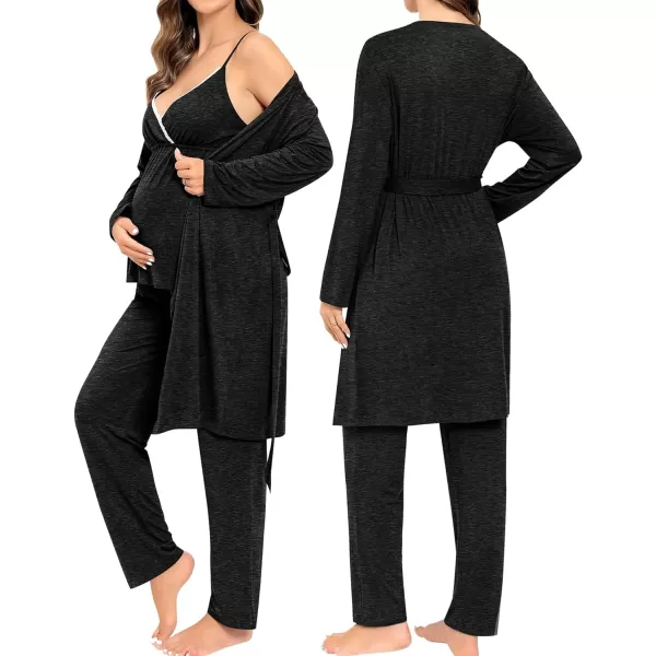 SWOMOG Maternity Nursing Robe Set 3 Piece Breastfeeding Pajamas 3 in 1 Labor Delivery Sleevless TopsLong Pants Pregnancy PjsBlack Grey