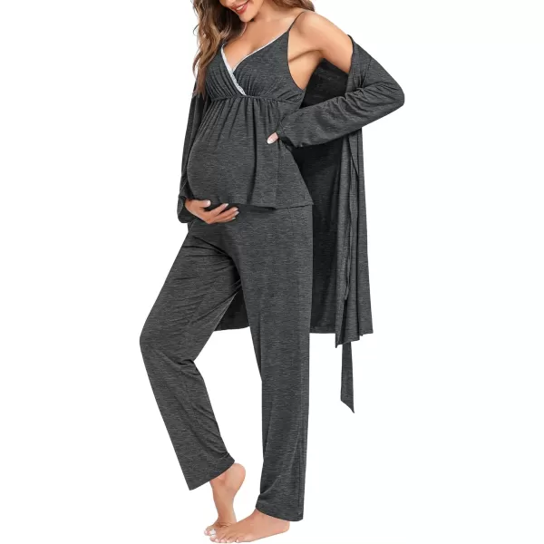 SWOMOG Maternity Nursing Robe Set 3 Piece Breastfeeding Pajamas 3 in 1 Labor Delivery Sleevless TopsLong Pants Pregnancy PjsDeep Grey