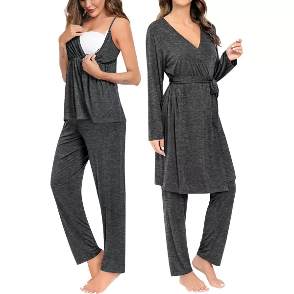 SWOMOG Maternity Nursing Robe Set 3 Piece Breastfeeding Pajamas 3 in 1 Labor Delivery Sleevless TopsLong Pants Pregnancy PjsDeep Grey