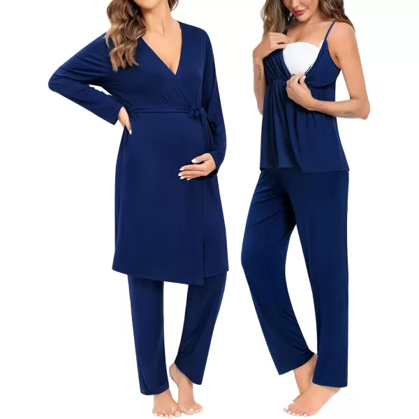 SWOMOG Maternity Nursing Robe Set 3 Piece Breastfeeding Pajamas 3 in 1 Labor Delivery Sleevless TopsLong Pants Pregnancy PjsNavy Blue