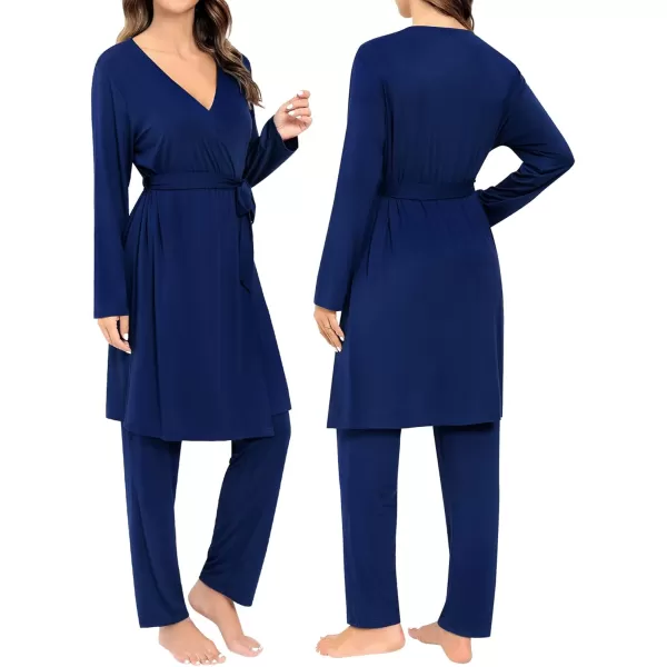 SWOMOG Maternity Nursing Robe Set 3 Piece Breastfeeding Pajamas 3 in 1 Labor Delivery Sleevless TopsLong Pants Pregnancy PjsNavy Blue