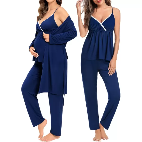 SWOMOG Maternity Nursing Robe Set 3 Piece Breastfeeding Pajamas 3 in 1 Labor Delivery Sleevless TopsLong Pants Pregnancy PjsNavy Blue