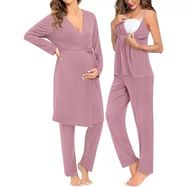 SWOMOG Maternity Nursing Robe Set 3 Piece Breastfeeding Pajamas 3 in 1 Labor Delivery Sleevless TopsLong Pants Pregnancy PjsTaro Purple