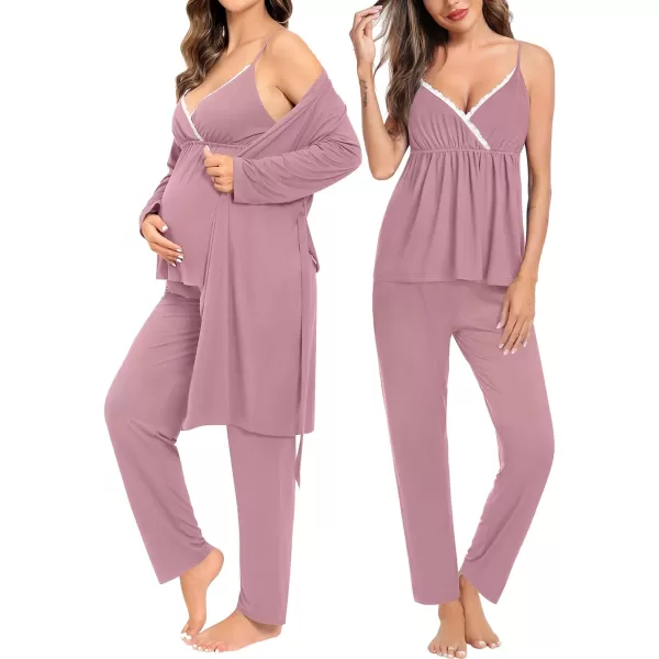 SWOMOG Maternity Nursing Robe Set 3 Piece Breastfeeding Pajamas 3 in 1 Labor Delivery Sleevless TopsLong Pants Pregnancy PjsTaro Purple