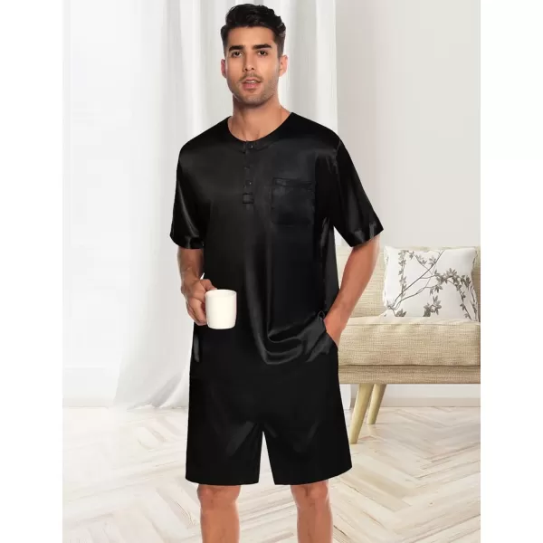 SWOMOG Men Satin Pajamas Set Short Sleeve Silk Sleepwear Button Down 2 Piece Loungewear with PocketsBlack