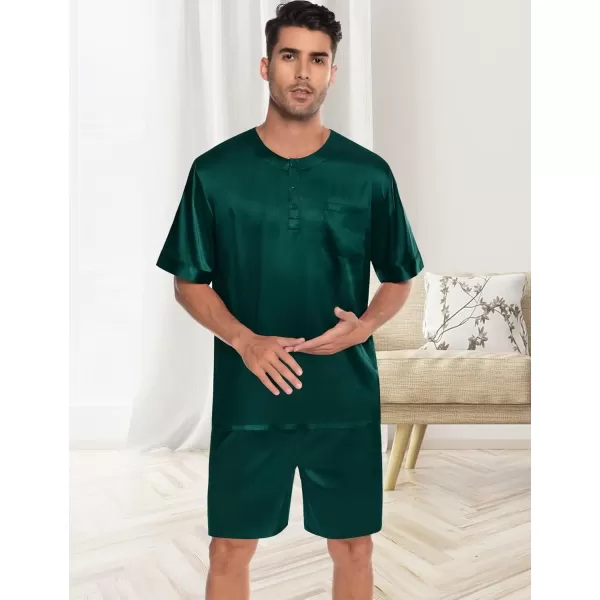 SWOMOG Men Satin Pajamas Set Short Sleeve Silk Sleepwear Button Down 2 Piece Loungewear with PocketsDeep Green