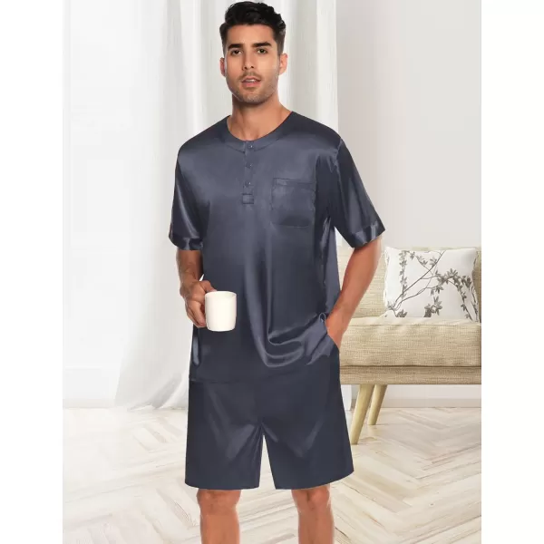 SWOMOG Men Satin Pajamas Set Short Sleeve Silk Sleepwear Button Down 2 Piece Loungewear with PocketsDeep Grey