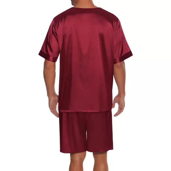 SWOMOG Men Satin Pajamas Set Short Sleeve Silk Sleepwear Button Down 2 Piece Loungewear with PocketsWine Red