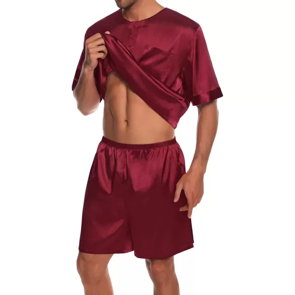 SWOMOG Men Satin Pajamas Set Short Sleeve Silk Sleepwear Button Down 2 Piece Loungewear with PocketsWine Red