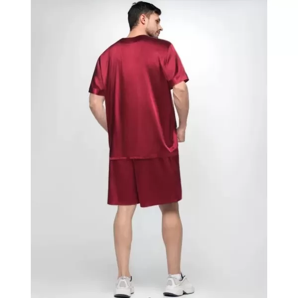 SWOMOG Men Satin Pajamas Set Short Sleeve Silk Sleepwear Button Down 2 Piece Loungewear with PocketsWine Red