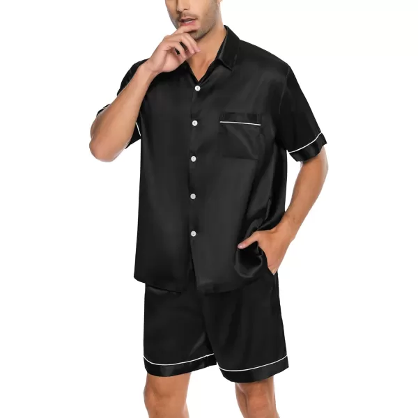 SWOMOG Men Silk Satin Pajamas Set Button Down Sleepwear Short Sleeve Pjs Set Soft 2 Piece Lounge Set Nightwear with PocketsBlack