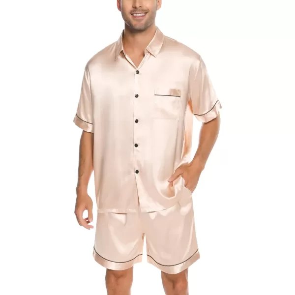 SWOMOG Men Silk Satin Pajamas Set Button Down Sleepwear Short Sleeve Pjs Set Soft 2 Piece Lounge Set Nightwear with PocketsChampagne