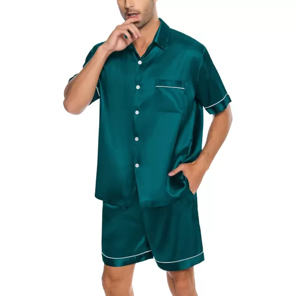 SWOMOG Men Silk Satin Pajamas Set Button Down Sleepwear Short Sleeve Pjs Set Soft 2 Piece Lounge Set Nightwear with PocketsDeep Green