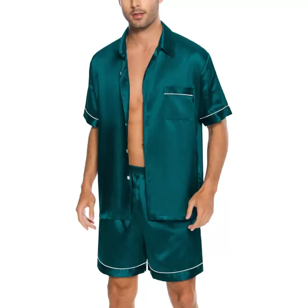 SWOMOG Men Silk Satin Pajamas Set Button Down Sleepwear Short Sleeve Pjs Set Soft 2 Piece Lounge Set Nightwear with PocketsDeep Green