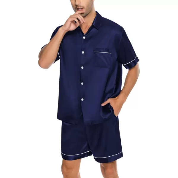 SWOMOG Men Silk Satin Pajamas Set Button Down Sleepwear Short Sleeve Pjs Set Soft 2 Piece Lounge Set Nightwear with PocketsDeep Navy Blue