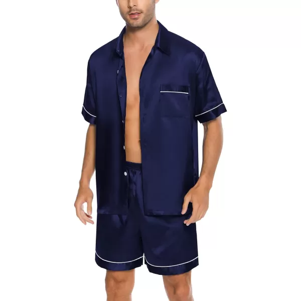 SWOMOG Men Silk Satin Pajamas Set Button Down Sleepwear Short Sleeve Pjs Set Soft 2 Piece Lounge Set Nightwear with PocketsDeep Navy Blue