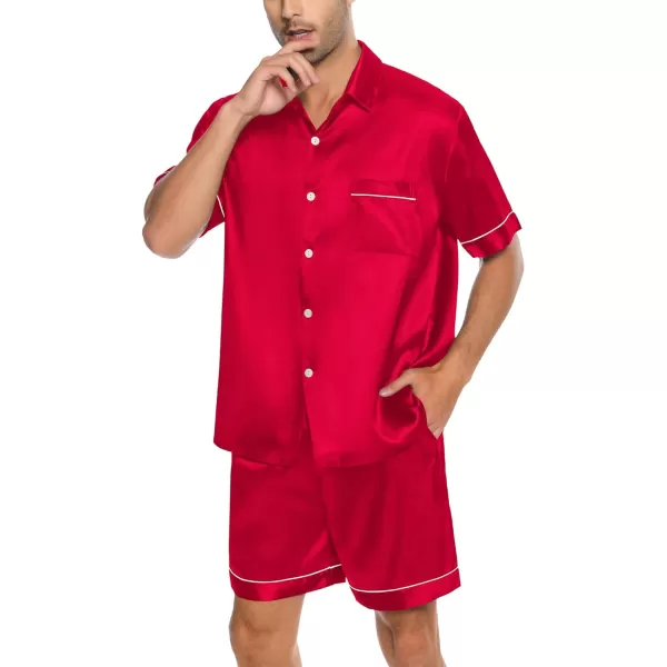 SWOMOG Men Silk Satin Pajamas Set Button Down Sleepwear Short Sleeve Pjs Set Soft 2 Piece Lounge Set Nightwear with PocketsRed