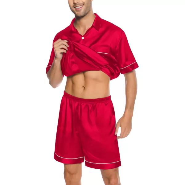 SWOMOG Men Silk Satin Pajamas Set Button Down Sleepwear Short Sleeve Pjs Set Soft 2 Piece Lounge Set Nightwear with PocketsRed