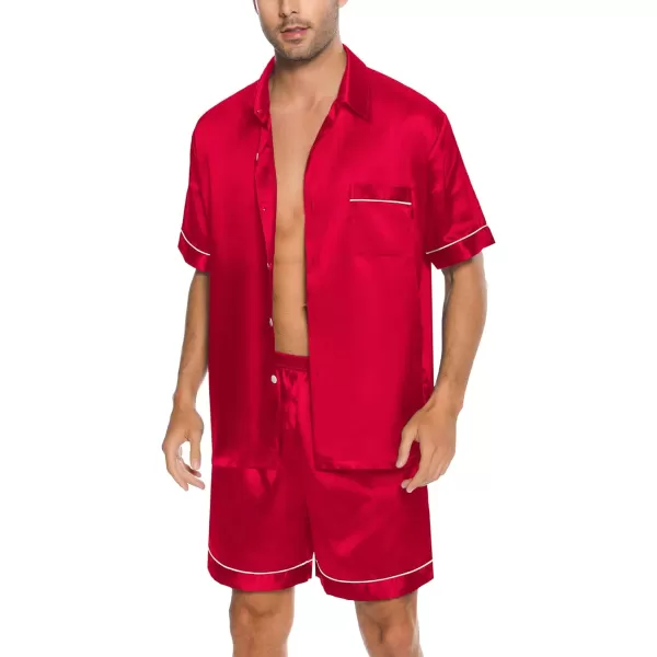 SWOMOG Men Silk Satin Pajamas Set Button Down Sleepwear Short Sleeve Pjs Set Soft 2 Piece Lounge Set Nightwear with PocketsRed