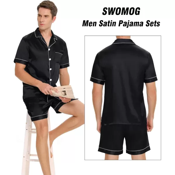 SWOMOG Men Silk Satin Pajamas Sets Short Sleeve Sleepwear ButtonDown PJs Sets TwoPieces Loungewear with PocketsBlack