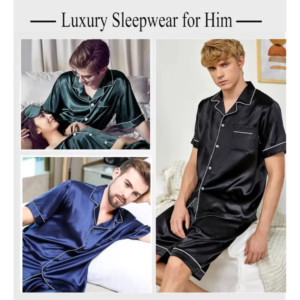 SWOMOG Men Silk Satin Pajamas Sets Short Sleeve Sleepwear ButtonDown PJs Sets TwoPieces Loungewear with PocketsBlack