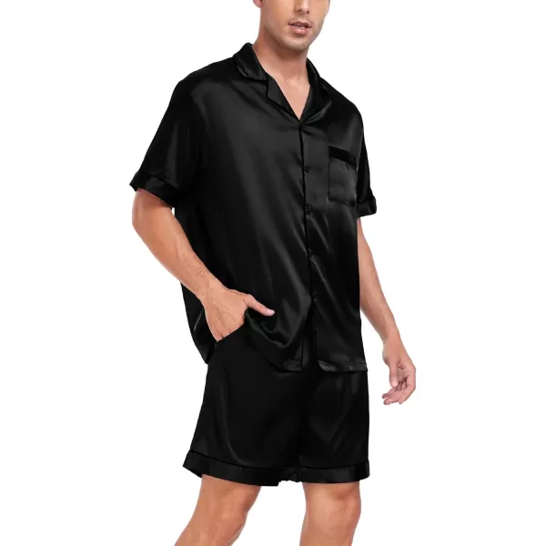 SWOMOG Men Silk Satin Pajamas Sets Short Sleeve Sleepwear ButtonDown PJs Sets TwoPieces Loungewear with PocketsBlack Black