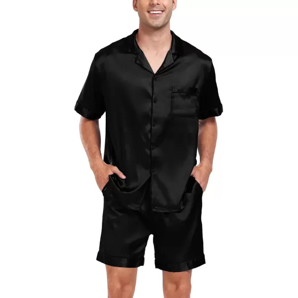 SWOMOG Men Silk Satin Pajamas Sets Short Sleeve Sleepwear ButtonDown PJs Sets TwoPieces Loungewear with PocketsBlack Black