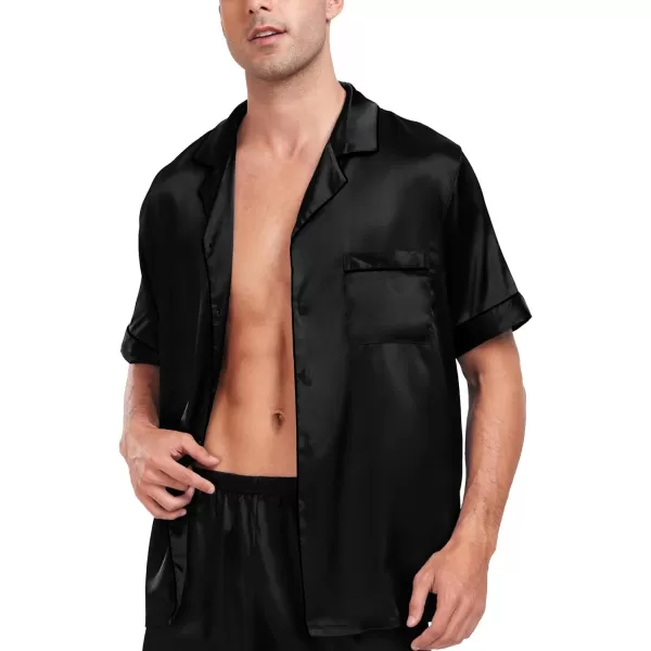 SWOMOG Men Silk Satin Pajamas Sets Short Sleeve Sleepwear ButtonDown PJs Sets TwoPieces Loungewear with PocketsBlack Black