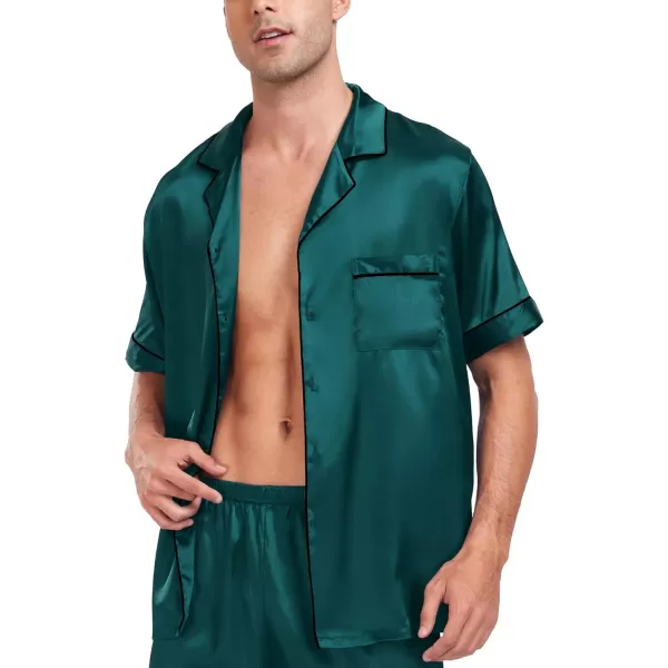 SWOMOG Men Silk Satin Pajamas Sets Short Sleeve Sleepwear ButtonDown PJs Sets TwoPieces Loungewear with PocketsDark Green