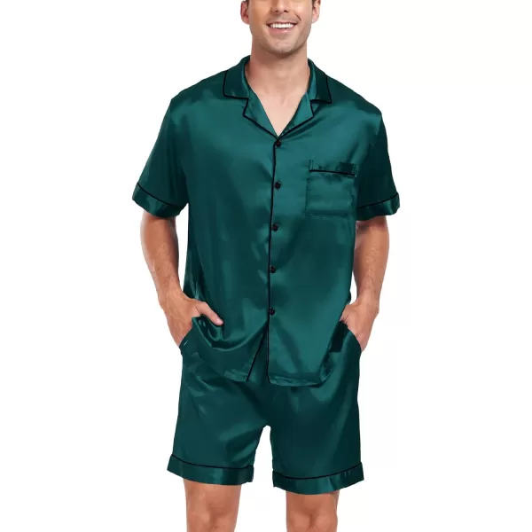 SWOMOG Men Silk Satin Pajamas Sets Short Sleeve Sleepwear ButtonDown PJs Sets TwoPieces Loungewear with PocketsDark Green