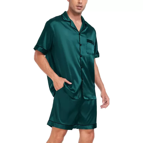 SWOMOG Men Silk Satin Pajamas Sets Short Sleeve Sleepwear ButtonDown PJs Sets TwoPieces Loungewear with PocketsDark Green