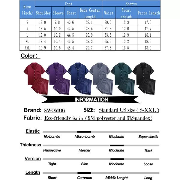 SWOMOG Men Silk Satin Pajamas Sets Short Sleeve Sleepwear ButtonDown PJs Sets TwoPieces Loungewear with PocketsDark Green