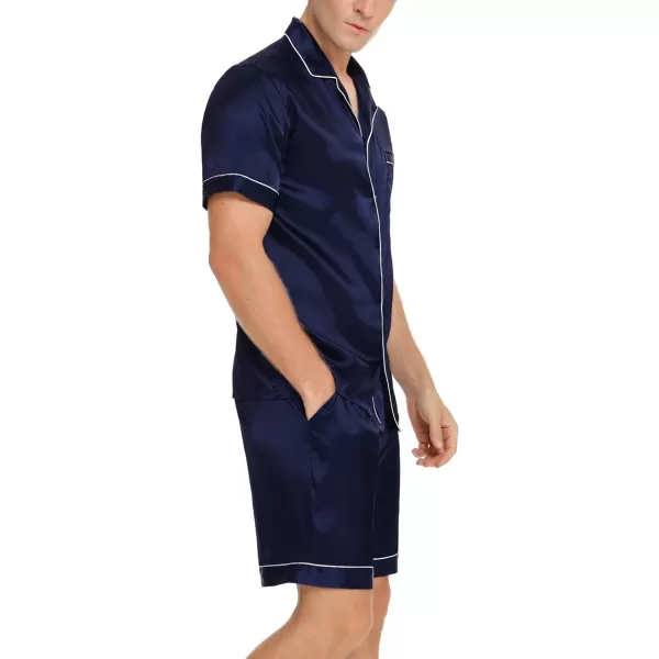 SWOMOG Men Silk Satin Pajamas Sets Short Sleeve Sleepwear ButtonDown PJs Sets TwoPieces Loungewear with PocketsDark Navy Blue