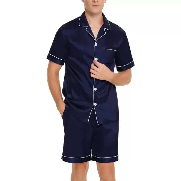 SWOMOG Men Silk Satin Pajamas Sets Short Sleeve Sleepwear ButtonDown PJs Sets TwoPieces Loungewear with PocketsDark Navy Blue