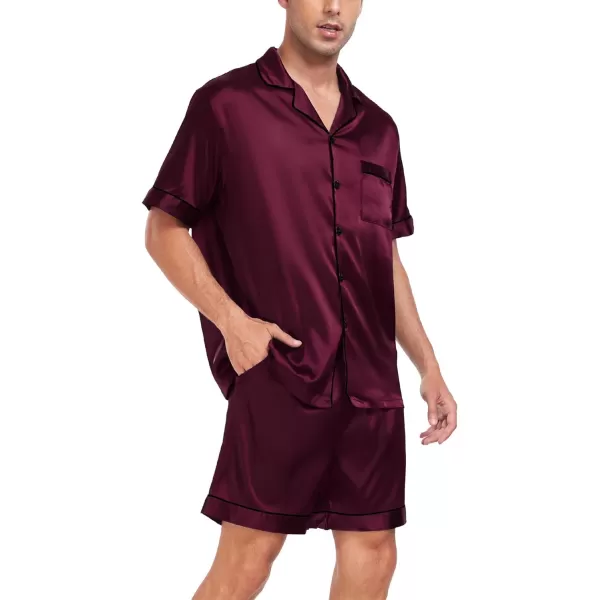 SWOMOG Men Silk Satin Pajamas Sets Short Sleeve Sleepwear ButtonDown PJs Sets TwoPieces Loungewear with PocketsDark Wine Red