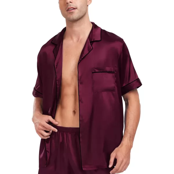 SWOMOG Men Silk Satin Pajamas Sets Short Sleeve Sleepwear ButtonDown PJs Sets TwoPieces Loungewear with PocketsDark Wine Red