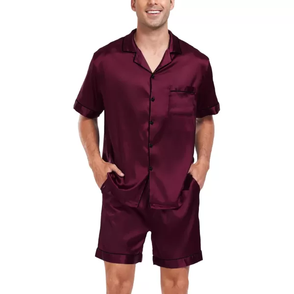 SWOMOG Men Silk Satin Pajamas Sets Short Sleeve Sleepwear ButtonDown PJs Sets TwoPieces Loungewear with PocketsDark Wine Red