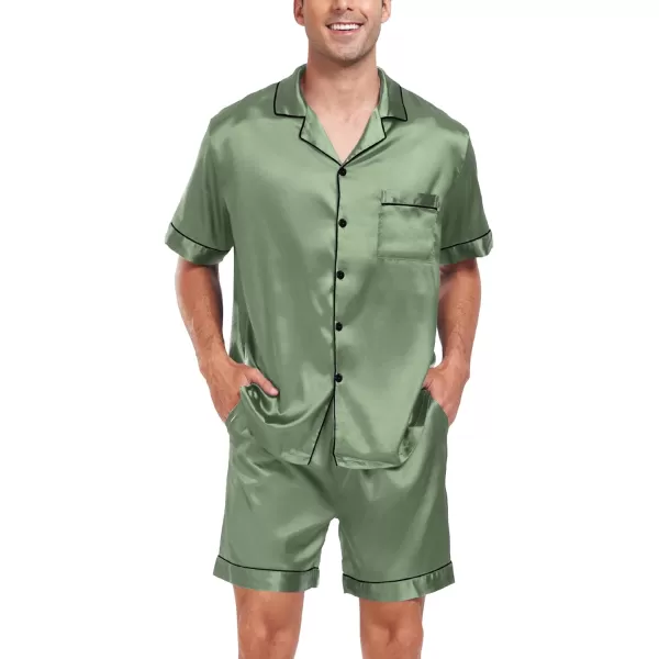 SWOMOG Men Silk Satin Pajamas Sets Short Sleeve Sleepwear ButtonDown PJs Sets TwoPieces Loungewear with PocketsMatcha