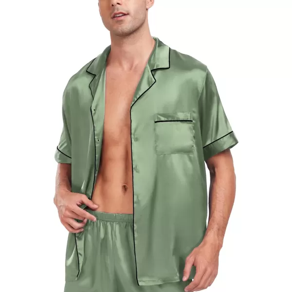 SWOMOG Men Silk Satin Pajamas Sets Short Sleeve Sleepwear ButtonDown PJs Sets TwoPieces Loungewear with PocketsMatcha