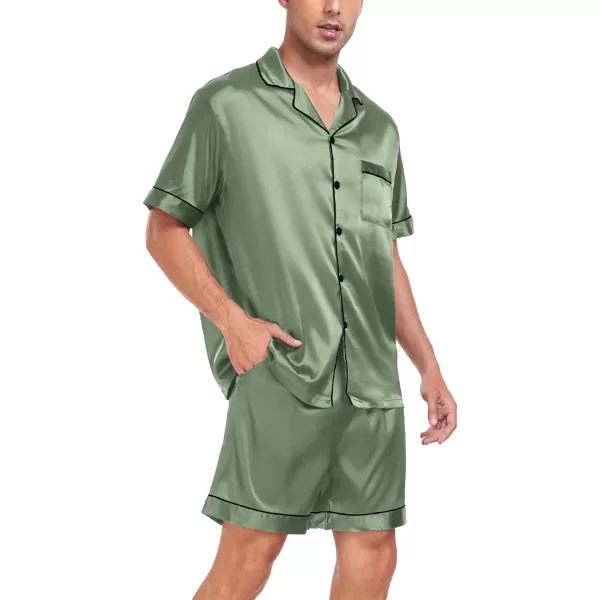 SWOMOG Men Silk Satin Pajamas Sets Short Sleeve Sleepwear ButtonDown PJs Sets TwoPieces Loungewear with PocketsMatcha