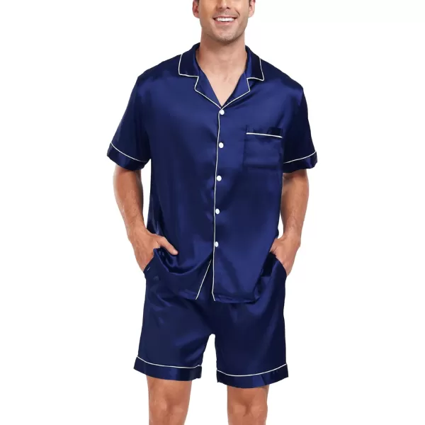 SWOMOG Men Silk Satin Pajamas Sets Short Sleeve Sleepwear ButtonDown PJs Sets TwoPieces Loungewear with PocketsNavy Blue